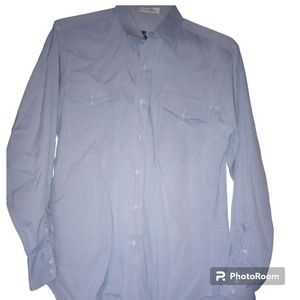 Men's blue long sleeve collared bottom down shirt